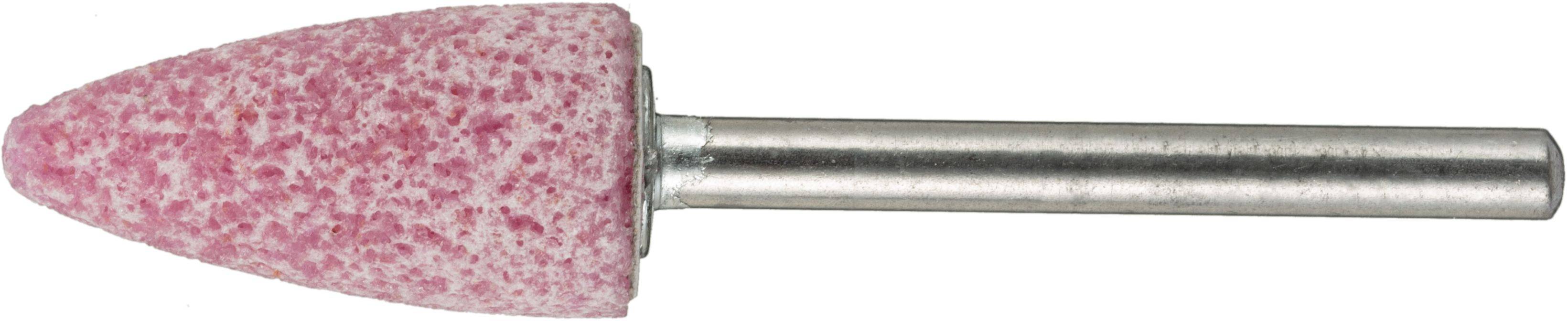Ein rosa konischer Schleifstein mit Metallschaft, der zum Formen, Schärfen oder Polieren von Materialien verwendet wird.