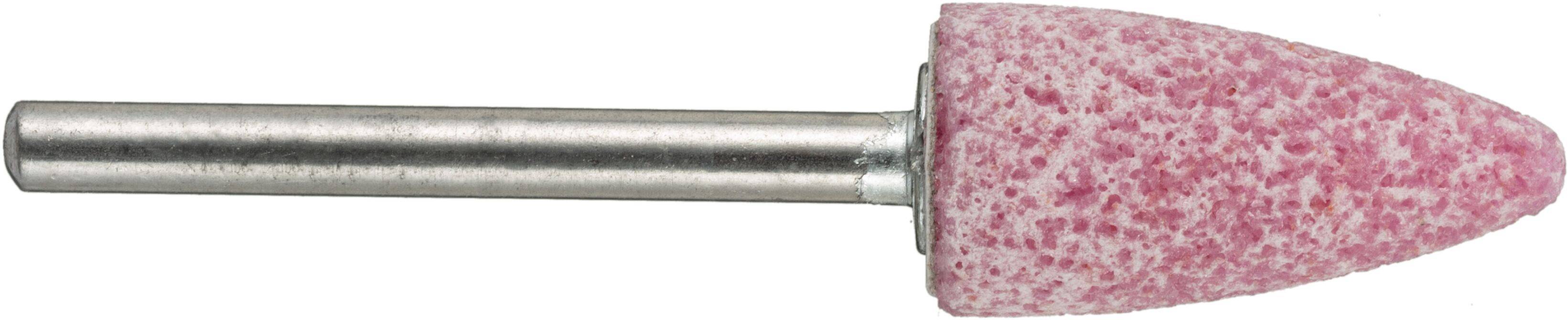 Ein rosa kegelförmiger Schleifstein mit Metallschaft, der zum Schärfen, Glätten oder Polieren von Oberflächen verwendet wird.
