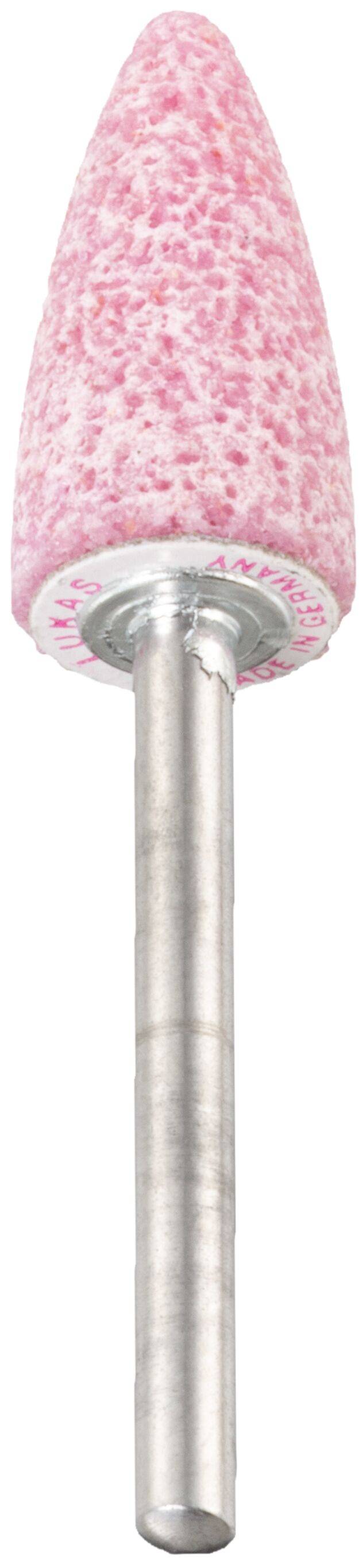 Ein rosa, konisch zulaufendes Schleifwerkzeug mit zylindrischer Form, strukturierter Oberfläche und metallenem Schaft.