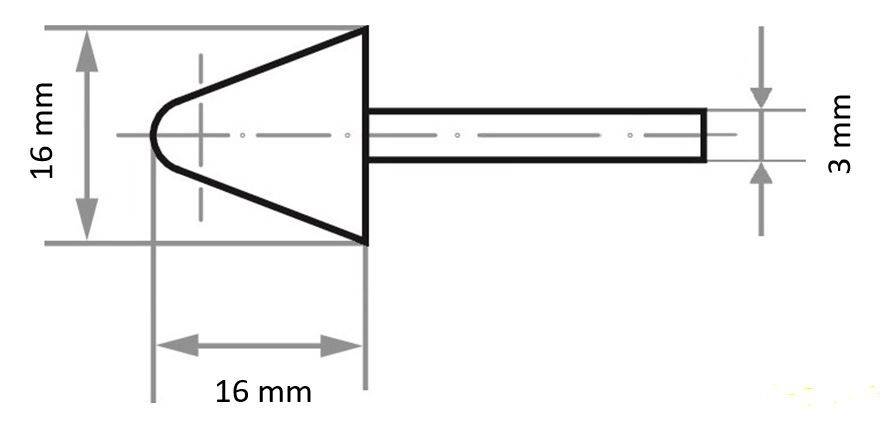 3D-Modell eines Nagels mit Dimensionen: 16 mm Höhe, 16 mm Breite an der breitesten Stelle und 3 mm Griffbreite.