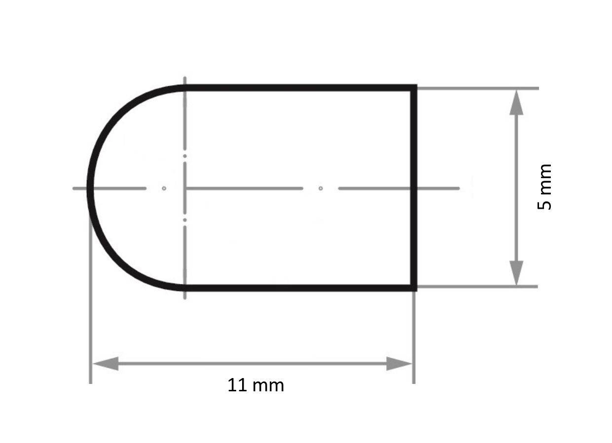 Diagramm einer Halbzylinderform mit einer Länge von 11 mm und einer Höhe von 5 mm.