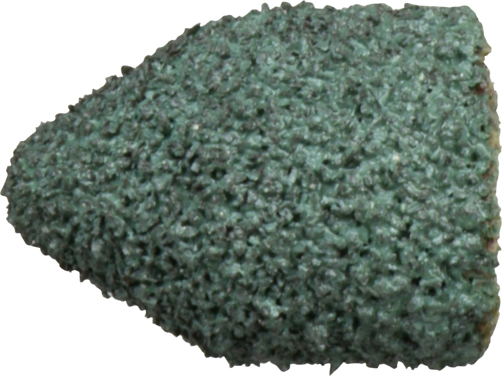 Ein raues, grünes, strukturiertes, kegelförmiges Objekt, das einem Schleifwerkzeug oder einem Dremel-Zubehör ähnelt, vor einem weißen Hintergrund isoliert.