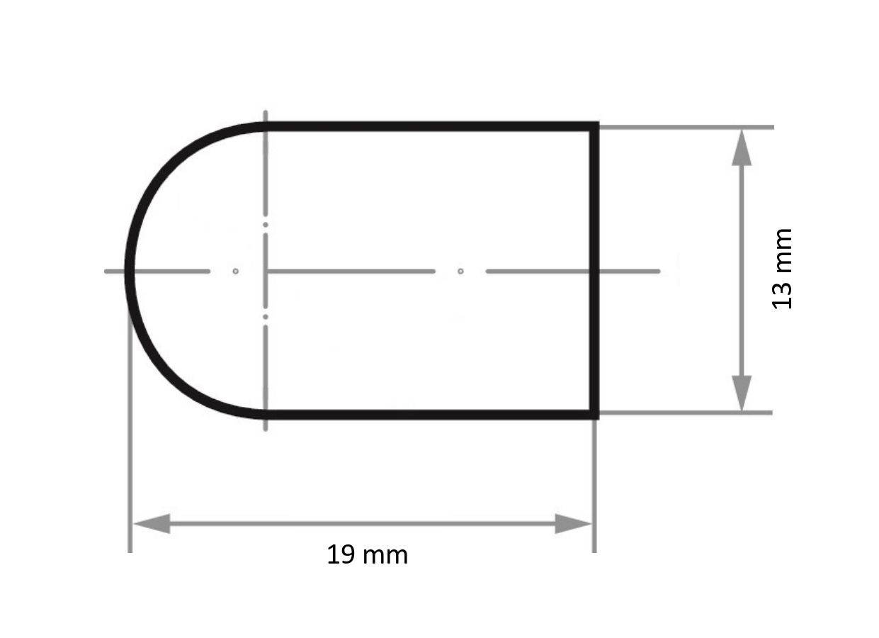 Diagramm eines Halbkreises mit geradem Verlängerung, 19 mm lang und 13 mm hoch. Pfeile zeigen die Abmessungen.