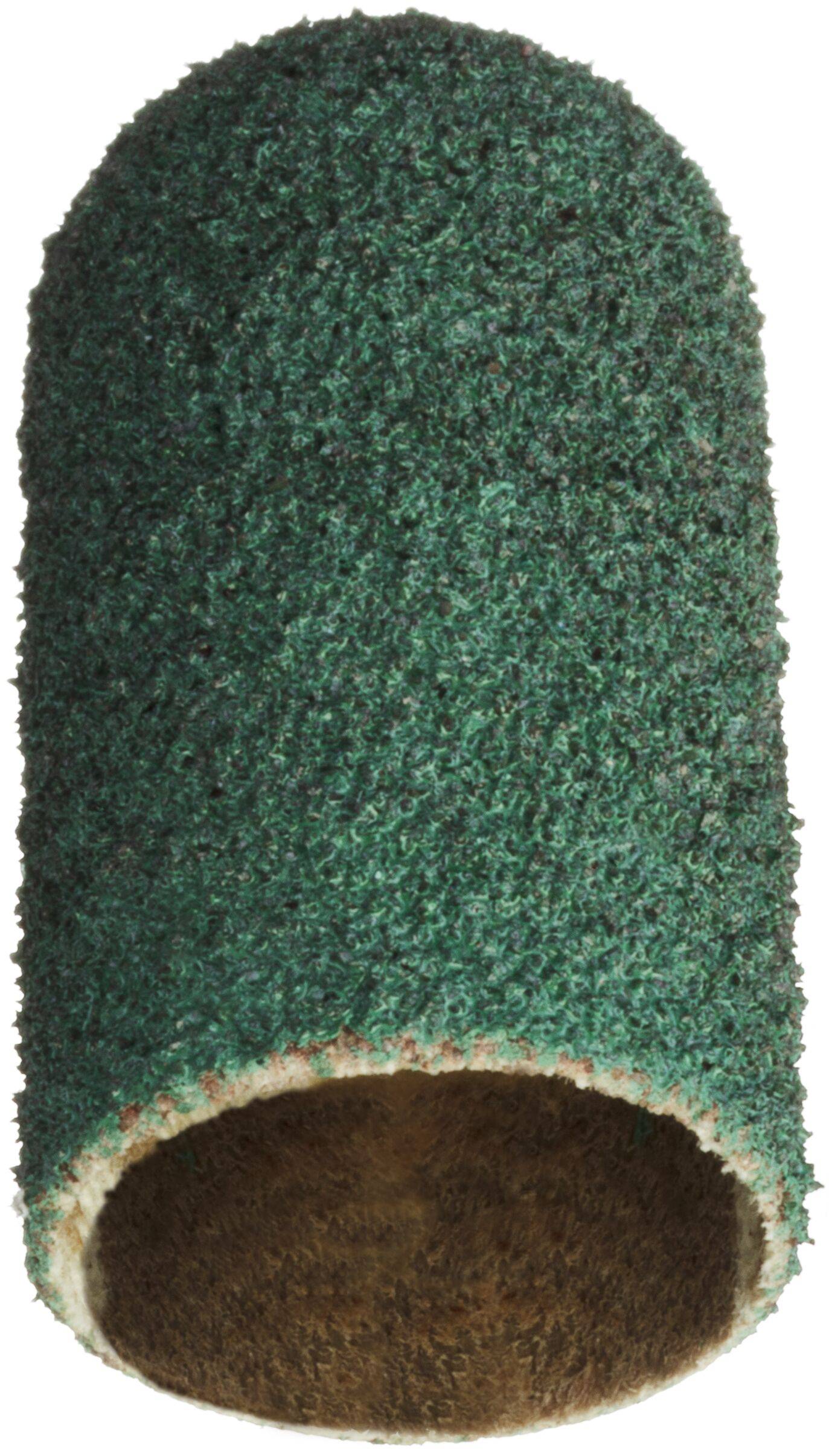 Eine grüne, zylindrische Schleifkappe aus Schleifmaterial, die zum Glätten von Oberflächen oder Formen von Materialien verwendet wird.