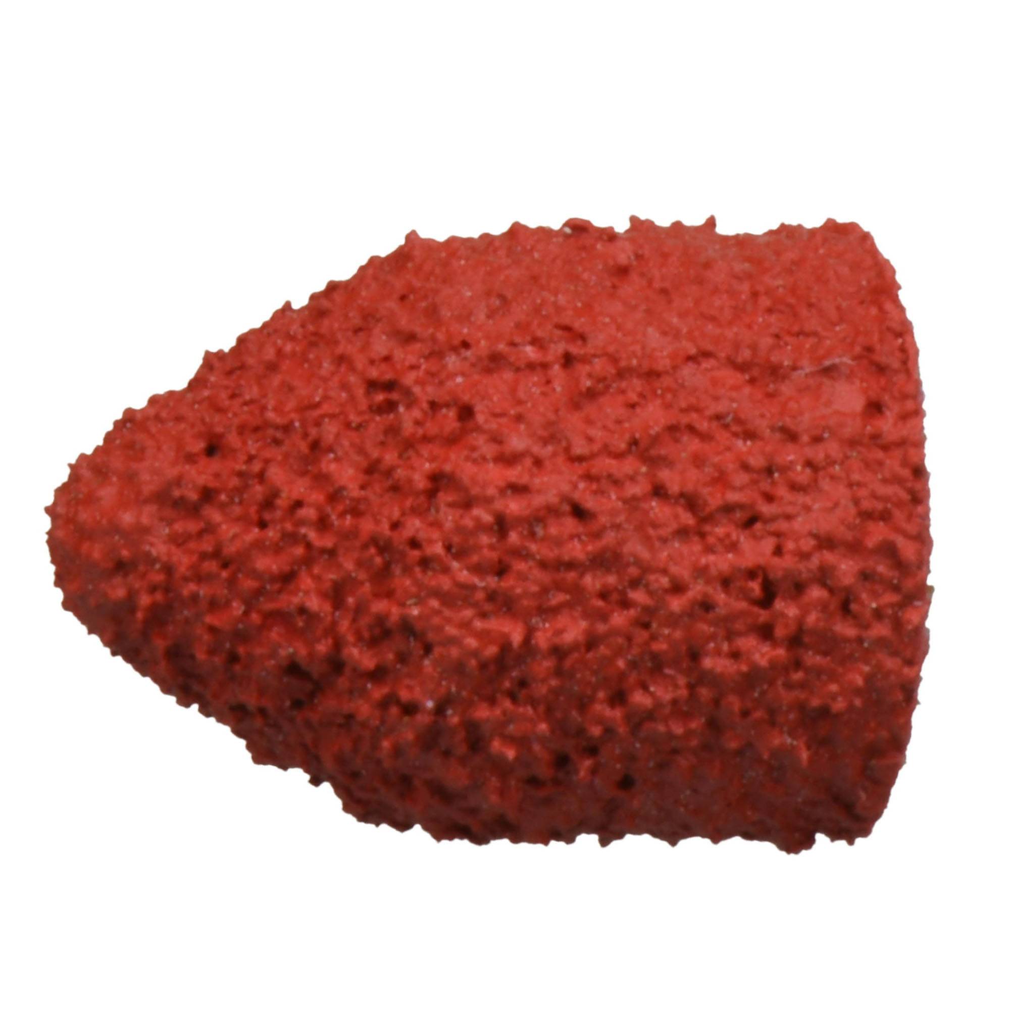 Ein strukturiertes, rotes, kegelförmiges Objekt mit einer rauen Oberfläche, das einem Schleifwerkzeug oder Schleifzubehör ähnelt.