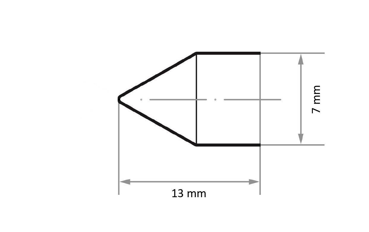 Diagramm einer Bleistiftspitze; Länge misst 13 mm und Höhe 7 mm.