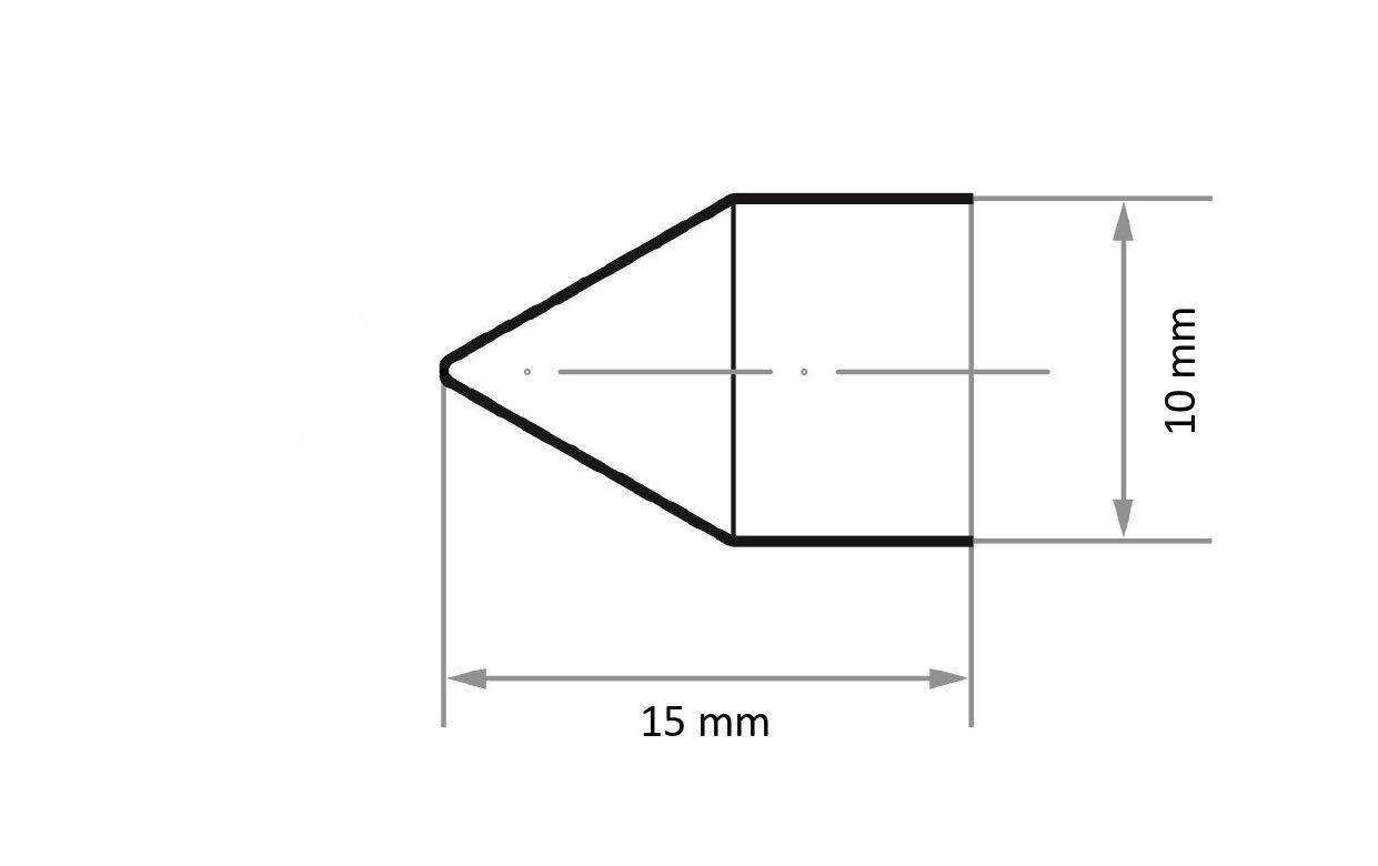 Ein Diagramm, das eine geometrische Figur mit einem nach links weisenden Dreieck zeigt, das mit einem Rechteck verbunden ist. Abmessungen: 15 mm breit, 10 mm hoch.