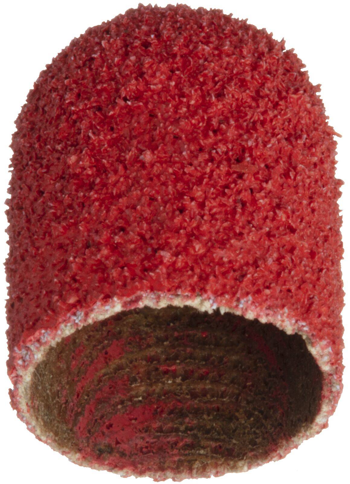 Roter Schleifhut aus Schleifmittel, zylindrisch und leicht gewölbt, verwendet zum Glätten von Oberflächen in der Holz- oder Metallbearbeitung.
