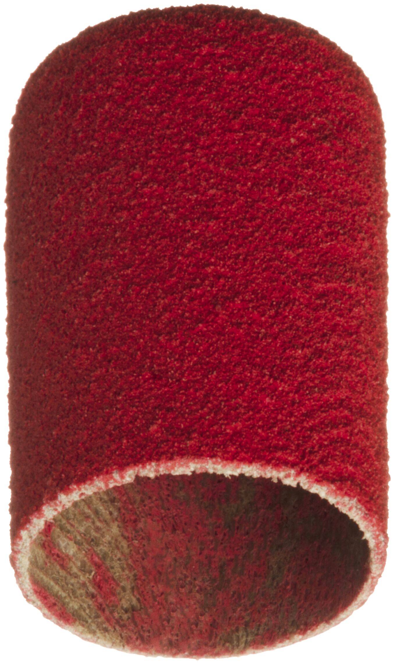 Ein roter zylindrischer Schleiftrommel mit einer rauen Oberfläche, der zum Glätten von Oberflächen in der Holz- oder Metallbearbeitung verwendet wird.