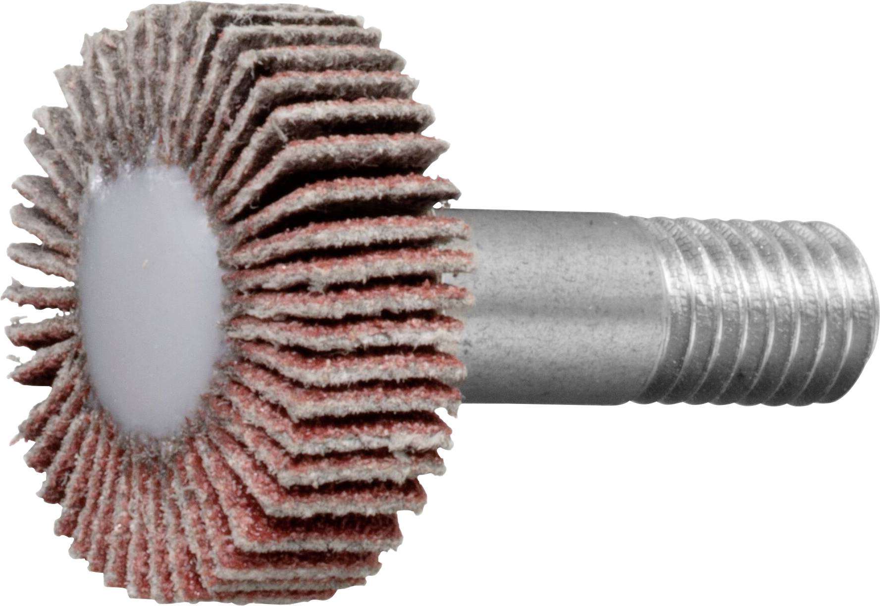 Ein rotierendes Lamellenschleifrad mit Schleiflamellen, das an einer Metallstange befestigt ist und zur Oberflächenbearbeitung und Glättung von Materialien verwendet wird.