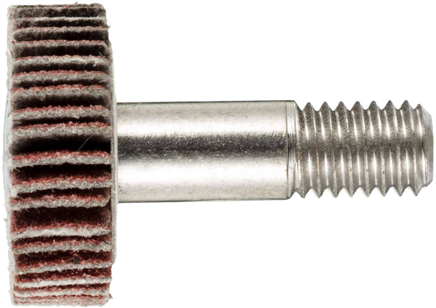 Eine Gewindeschraube aus Metall mit einem Schleifrad, die zum Polieren oder Schleifen von Oberflächen verwendet wird. Das Rad besteht aus geschichteten Schleifmaterialien.