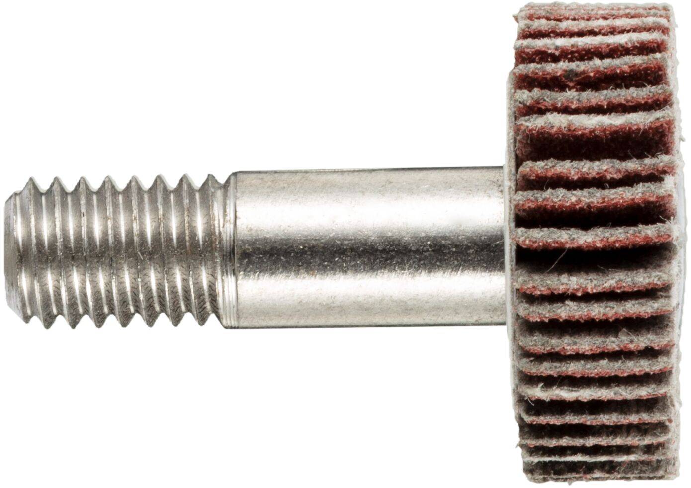 Eine gewindete Metallstange mit einer kreisförmigen Schleifscheibe aus geschichteten Schleifpapier, die zum Polieren oder Schleifen von Oberflächen verwendet wird.