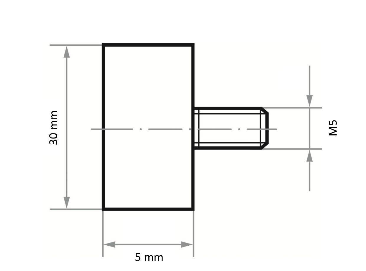 Eine mechanische Konstruktionszeichnung, die einen rechteckigen Block mit einer Höhe von 30 mm, einer Breite von 5 mm und einer hervorstehenden zylindrischen Komponente mit der Bezeichnung 'M5' darstellt.