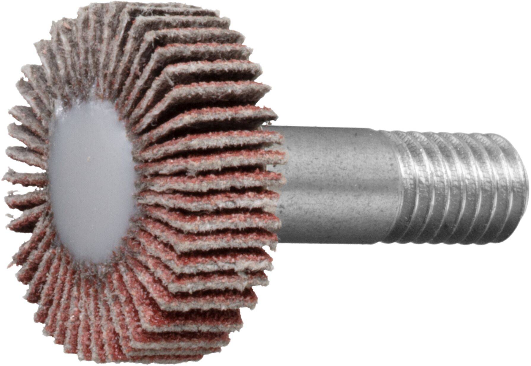 Schleiffächerscheibe mit radialen Schleiflamellen und Gewindezapfen, verwendet zum Glätten von Oberflächen und zur Bearbeitung von Metall oder Holz.