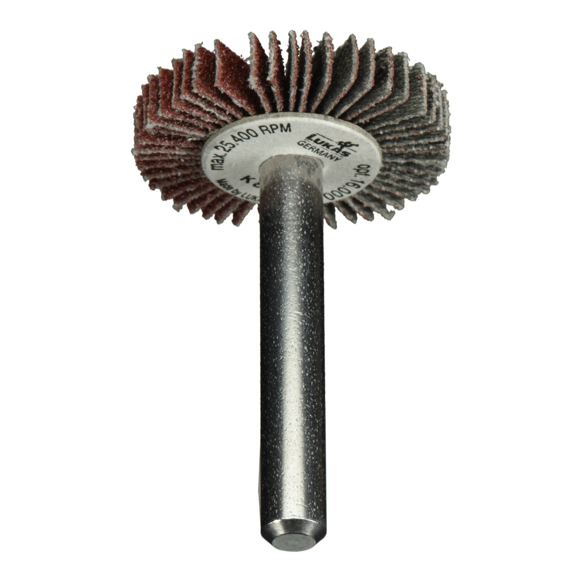 Schleiffächerrad auf einem Metallschaft, gekennzeichnet mit 25.400 U/min, verwendet zum Schleifen und Abrasieren von Oberflächen.