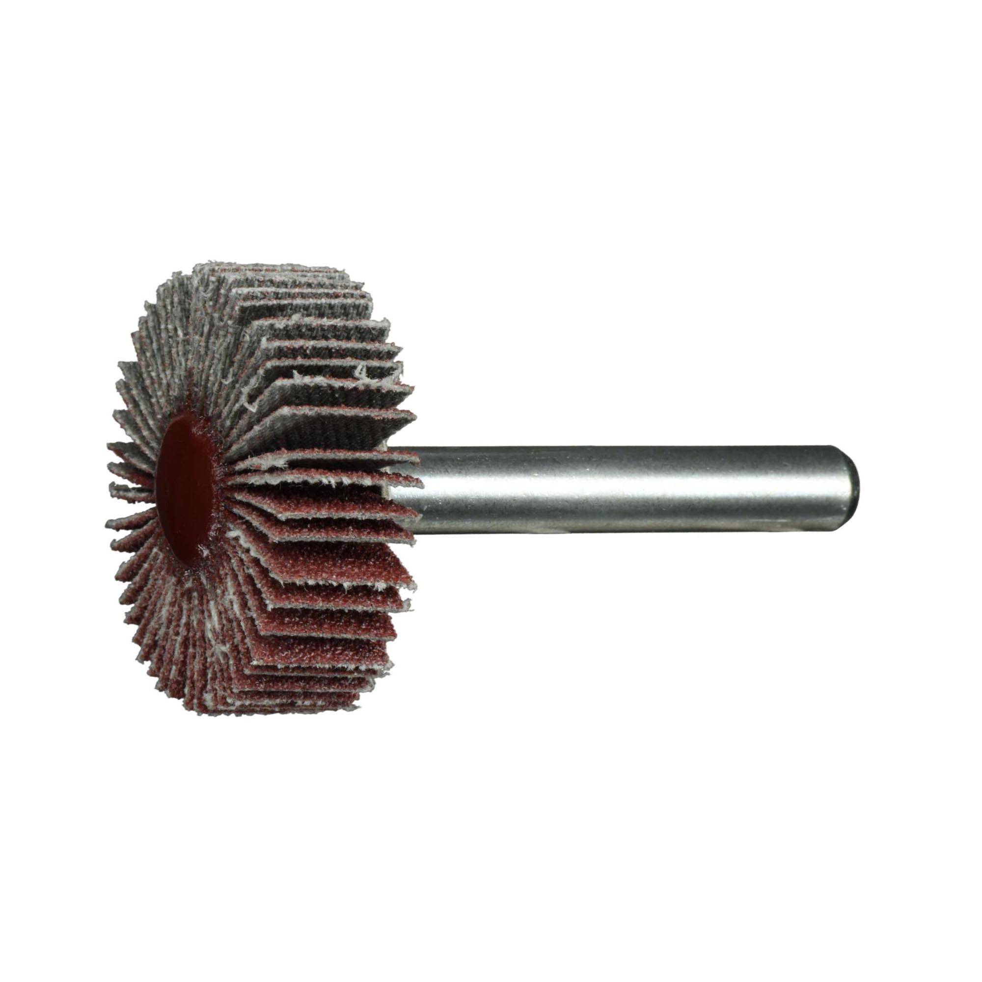 Ein zylindrischer Lamellenschleifbesen mit geschichteten Schleifstreifen, der an einer Metallstange befestigt ist und zum Schleifen und Finishing in der Metall- oder Holzbearbeitung verwendet wird.