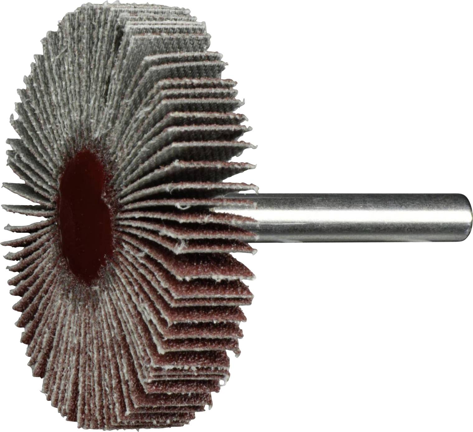 Ein rundes Schleiflamellenschleifrad mit Metallschaft, das zum Schleifen, Schmirgeln oder Polieren von Oberflächen entwickelt wurde.