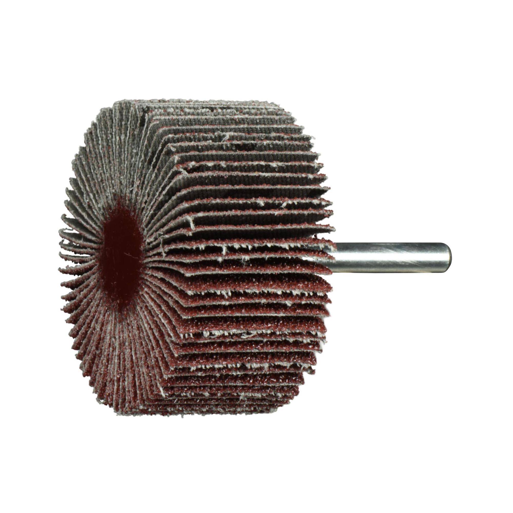 Ein zylindrischer Lamellenschleifer, der an einer Metallachse befestigt ist und zum Schleifen, Polieren und Finishing von Oberflächen in der Holz- und Metallbearbeitung verwendet wird.