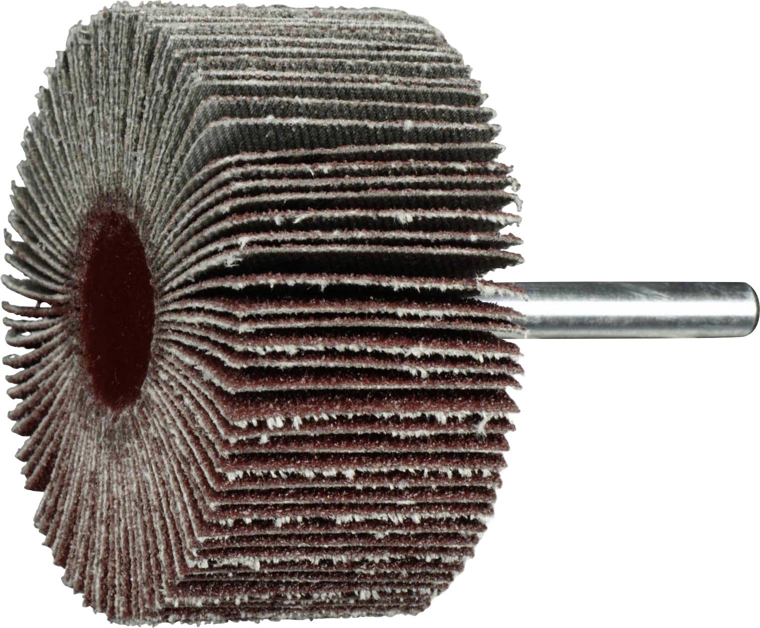 Lamellenschleifscheibe mit Metallschaft, verwendet für Oberflächenbearbeitung und Schleifen. Sie verfügt über radial angeordnete, geschichtete Schleifpapierlamellen.