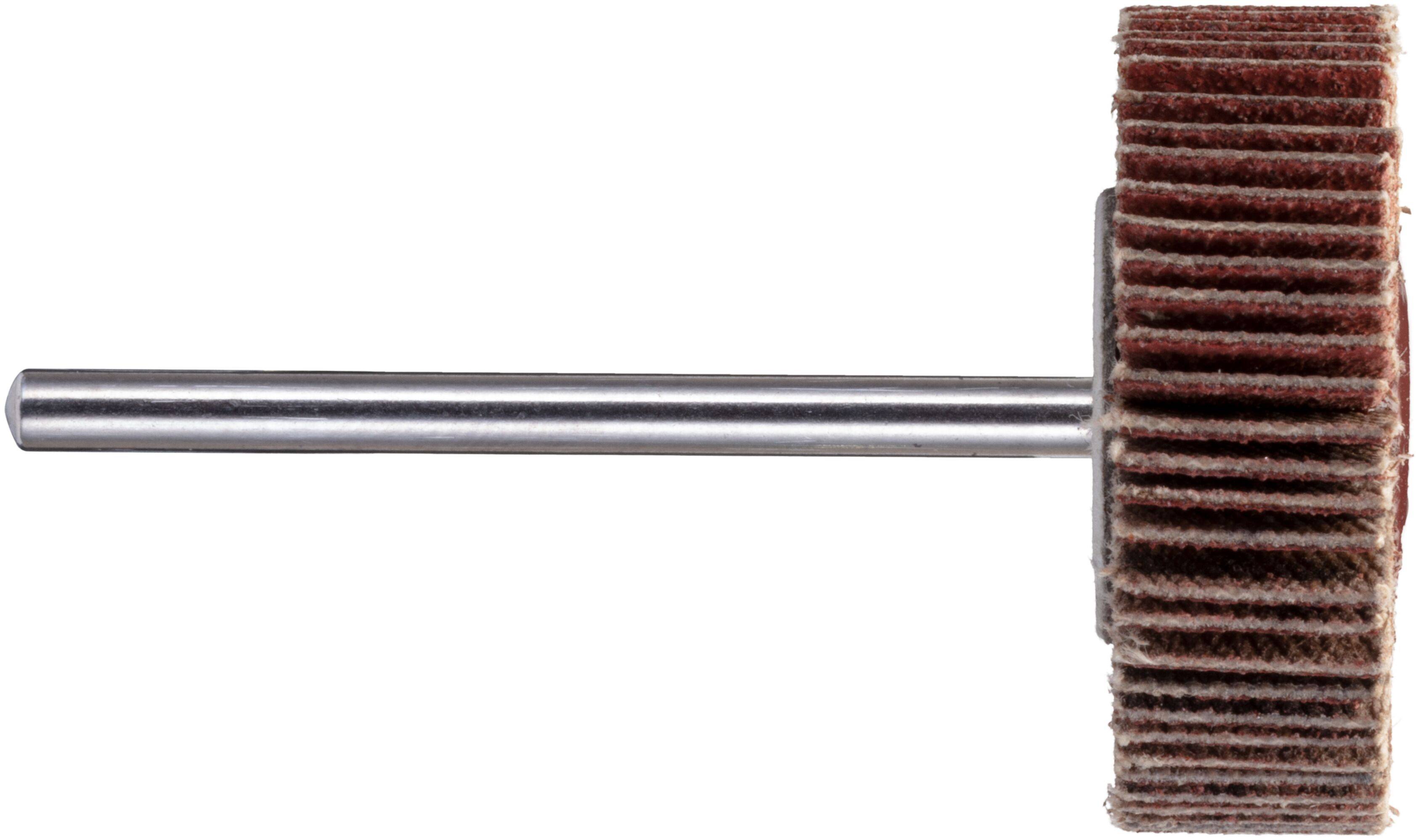 Eine Metallrotationsmaschine mit einem schleifenden Lamellenschleifkopf, die zum Polieren oder Finish von Oberflächen verwendet wird, vor einem weißen Hintergrund.