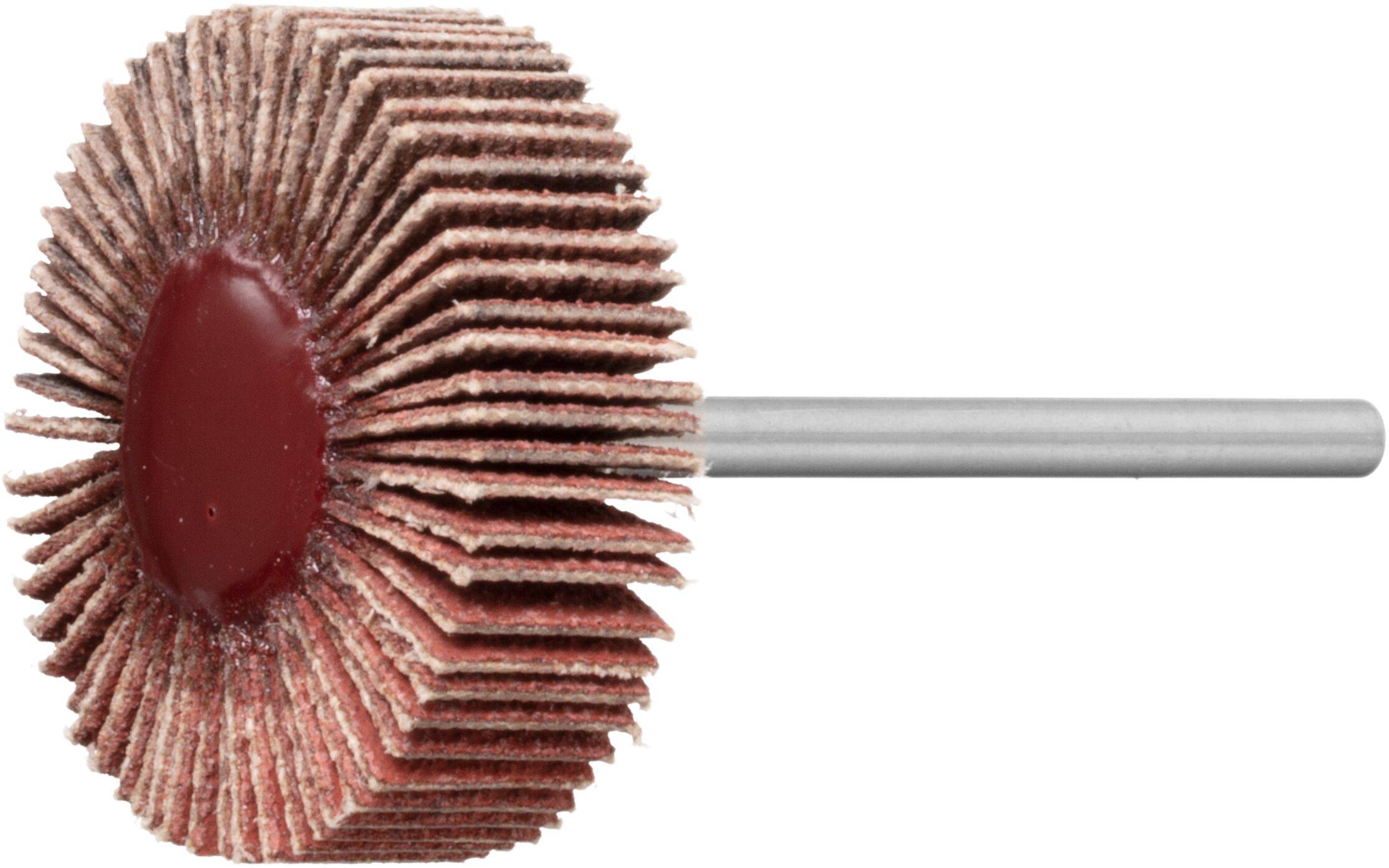 Ein kleines Rotations-Lamellenschleifrad mit zahlreichen Schleifpapierlamellen und einem zentralen Metallschaft, das für detaillierte Schleif- und Polierarbeiten verwendet wird.