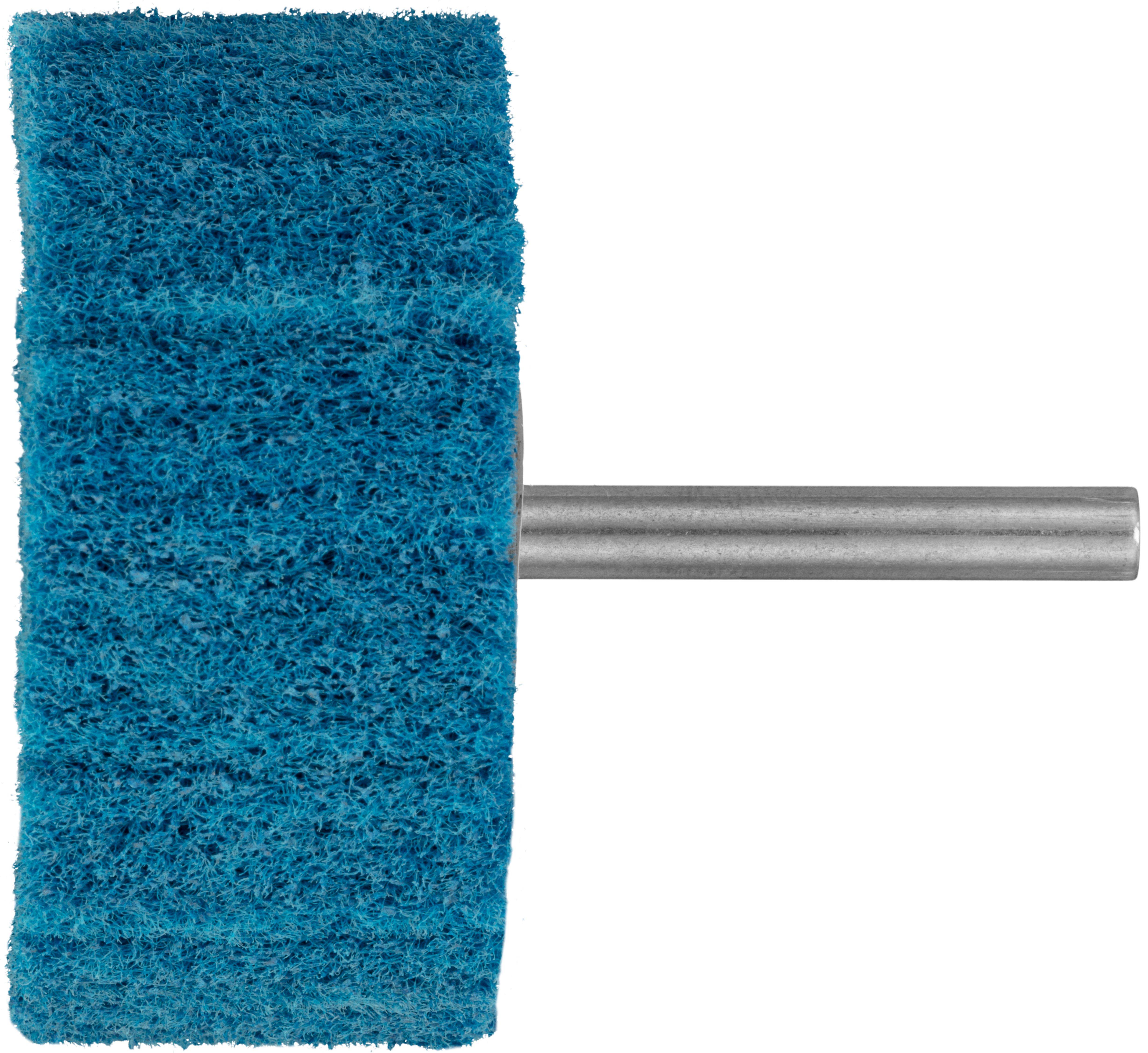 Ein blauer Schleifstein mit einer zylindrischen Metallachse zur Befestigung, der zum Schleifen oder Polieren von Oberflächen verwendet wird.