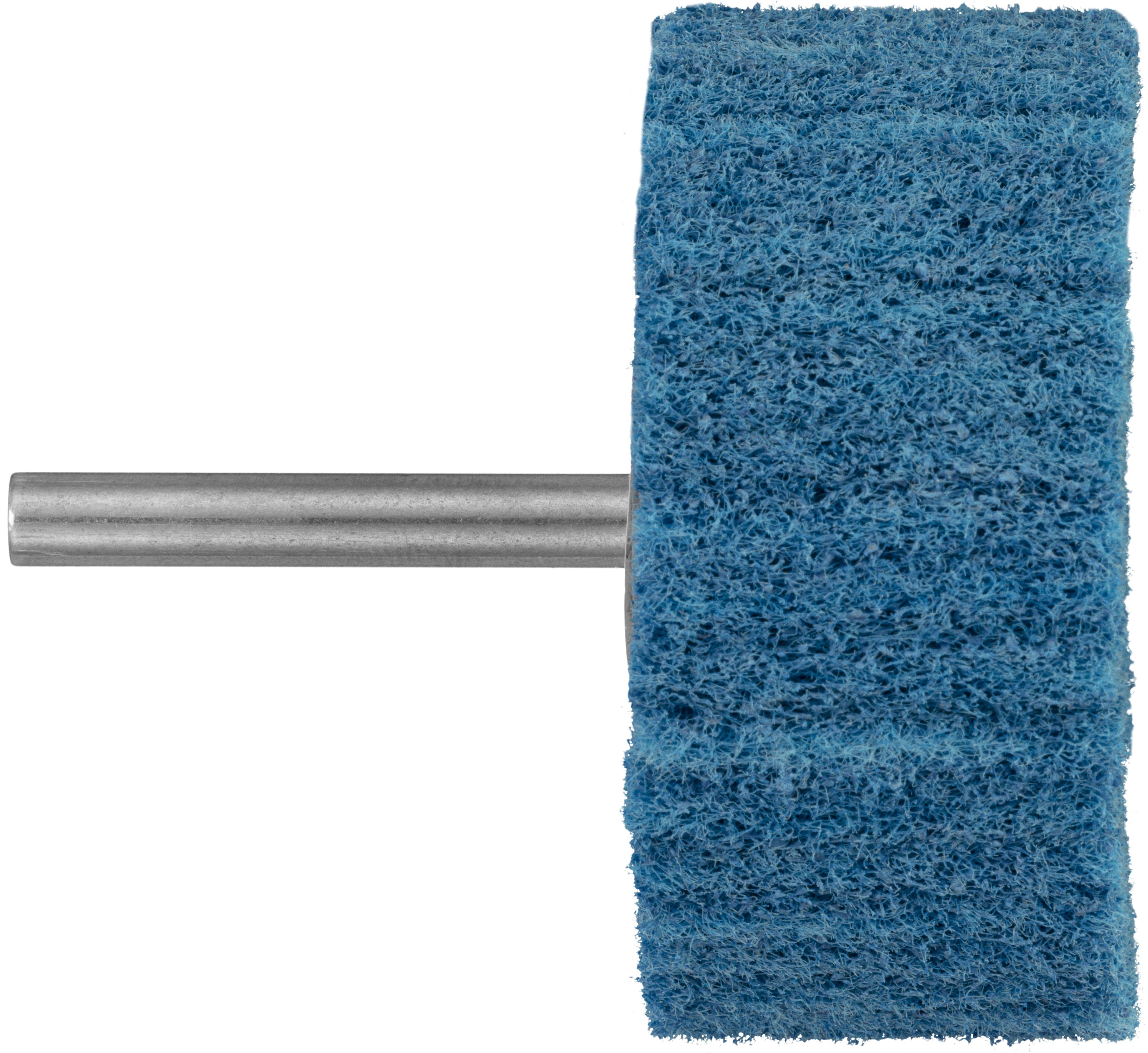 Schleifscheibe mit Schaft, ein blauer, abrasiver Schleifkörper, der an einer Metallstange befestigt ist und für Schleif- oder Oberflächenbearbeitungsaufgaben verwendet wird.