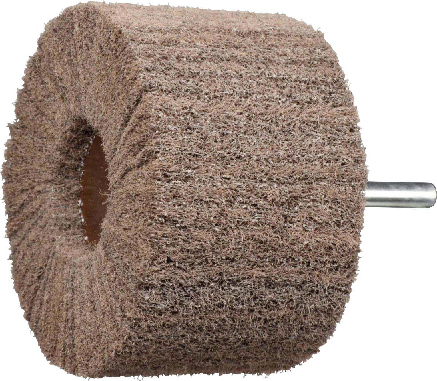 Ein zylindrischer Schleifstein mit strukturierter Oberfläche, an einer Metallstange befestigt, der zum Polieren oder Schleifen von Materialien verwendet wird.