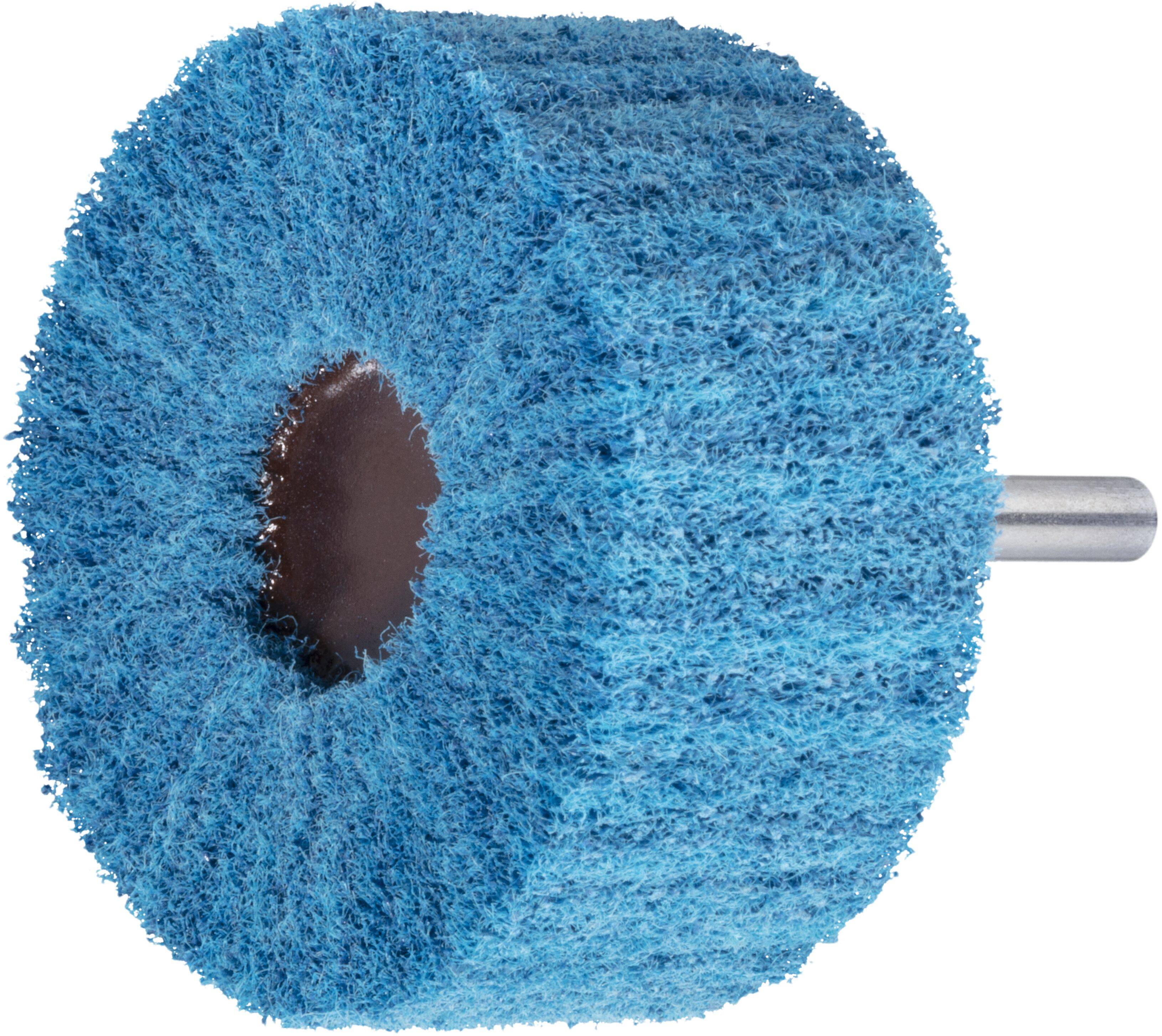 Ein kreisförmiges, blaues Schleifpolierwerkzeug mit einer zentralen Metallspindel, das zum Glätten oder Nachbearbeiten von Oberflächen verwendet wird.