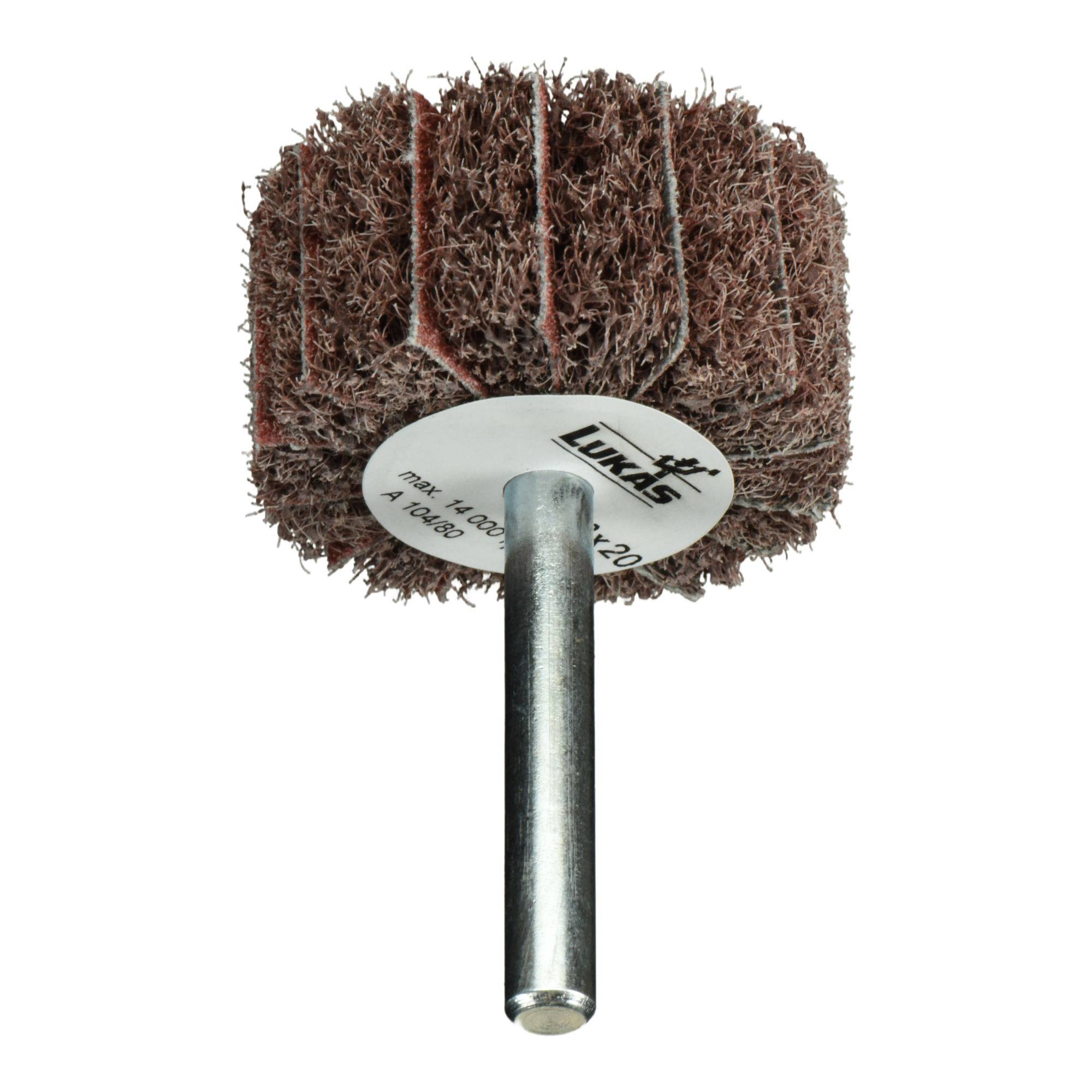 Ein rundes Schleifbürstenrad mit einer Metallstange zur Befestigung, versehen mit dem Markennamen 'Lukas' auf der zentralen Scheibe. Verwendet zum Polieren oder Schleifen von Oberflächen.