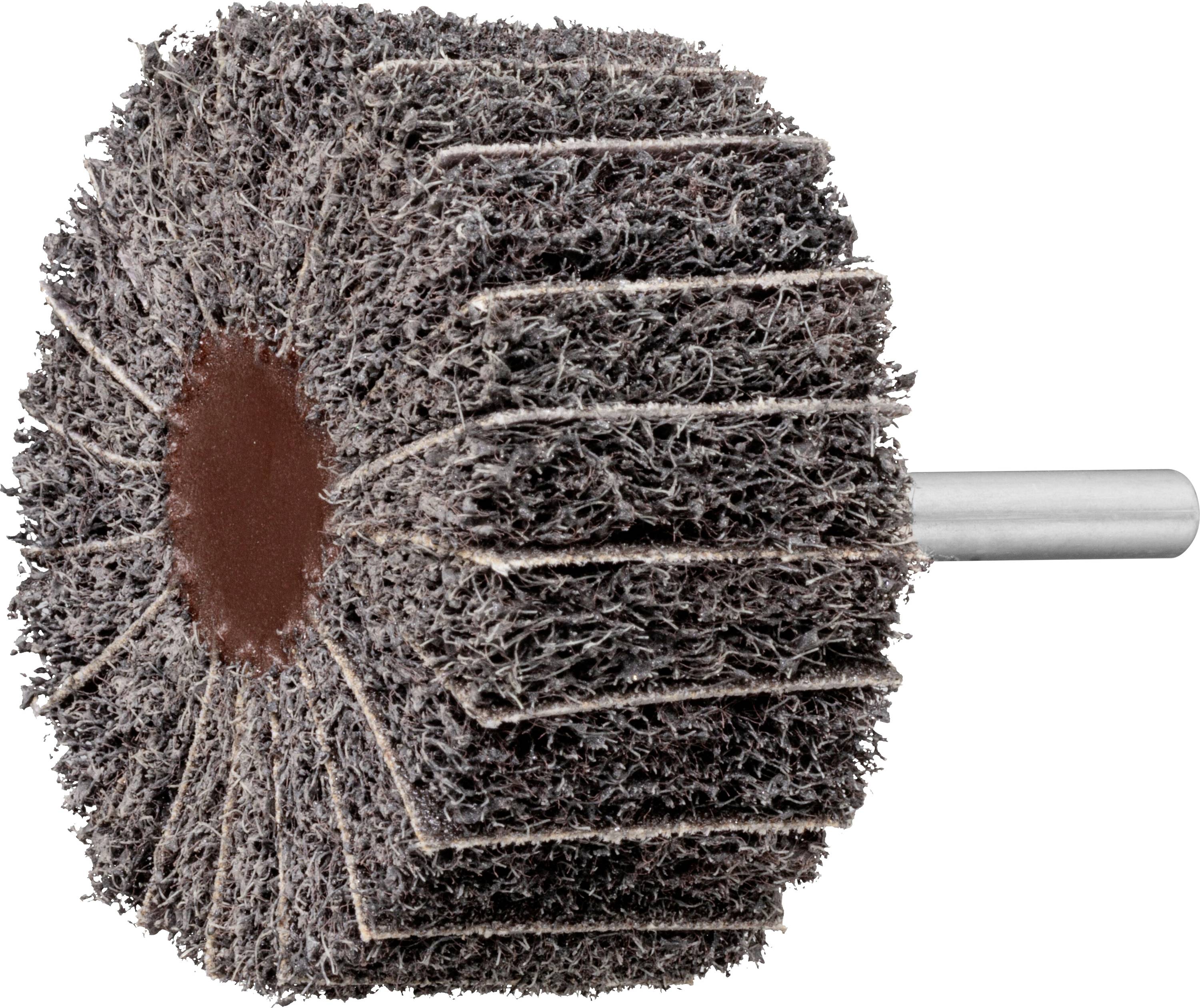 Ein zylindrischer Schleifstein mit einer Metallstange, verwendet zum Polieren oder Endbearbeiten von Oberflächen, bestehend aus dichtem, grobem Material.