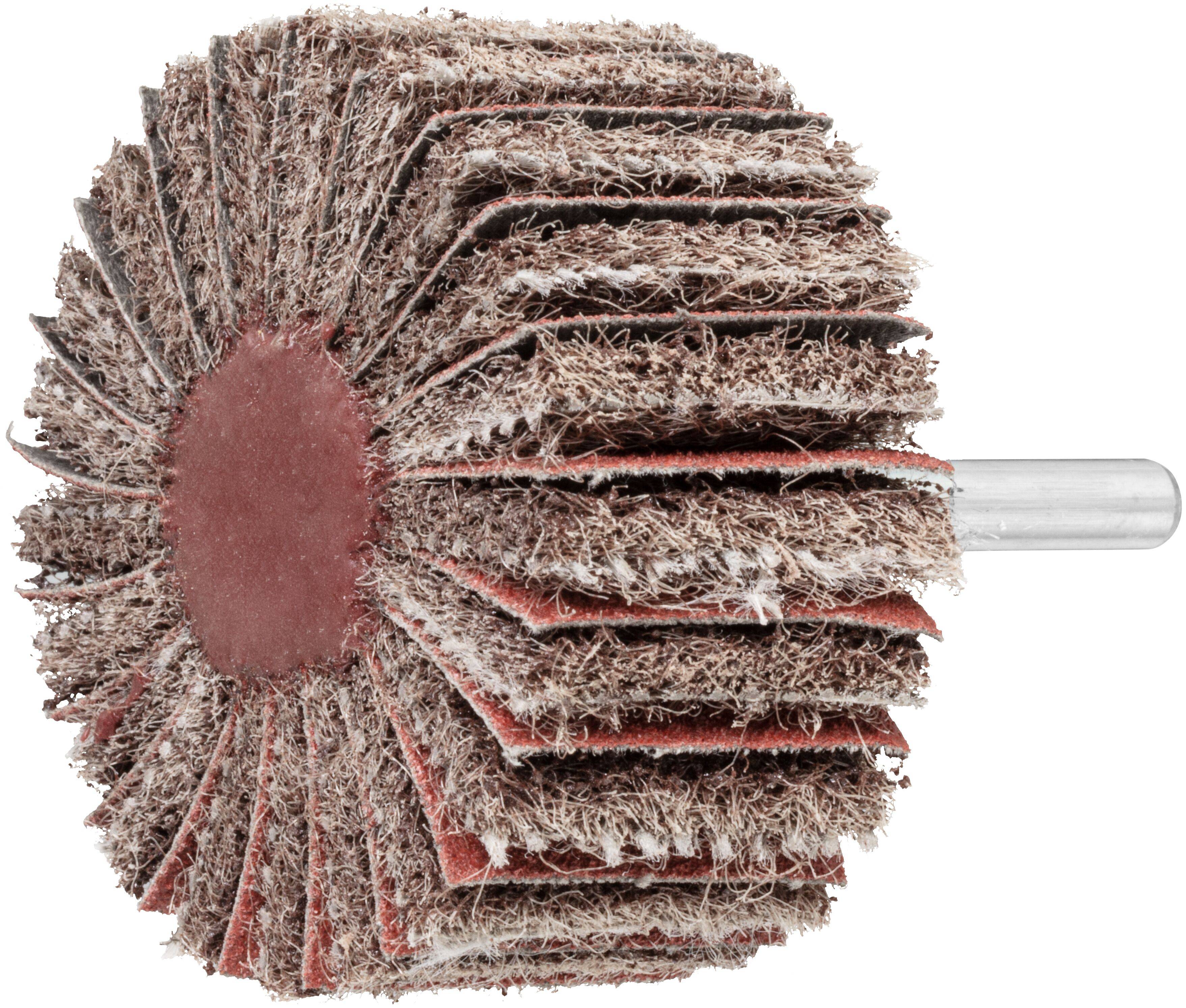 Ein runder abrasiver Lamellenschleifbesen mit einem zentralen Metallschaft, der geschichtete Schleifpapierlamellen zum Glätten oder Finish von Oberflächen zeigt.