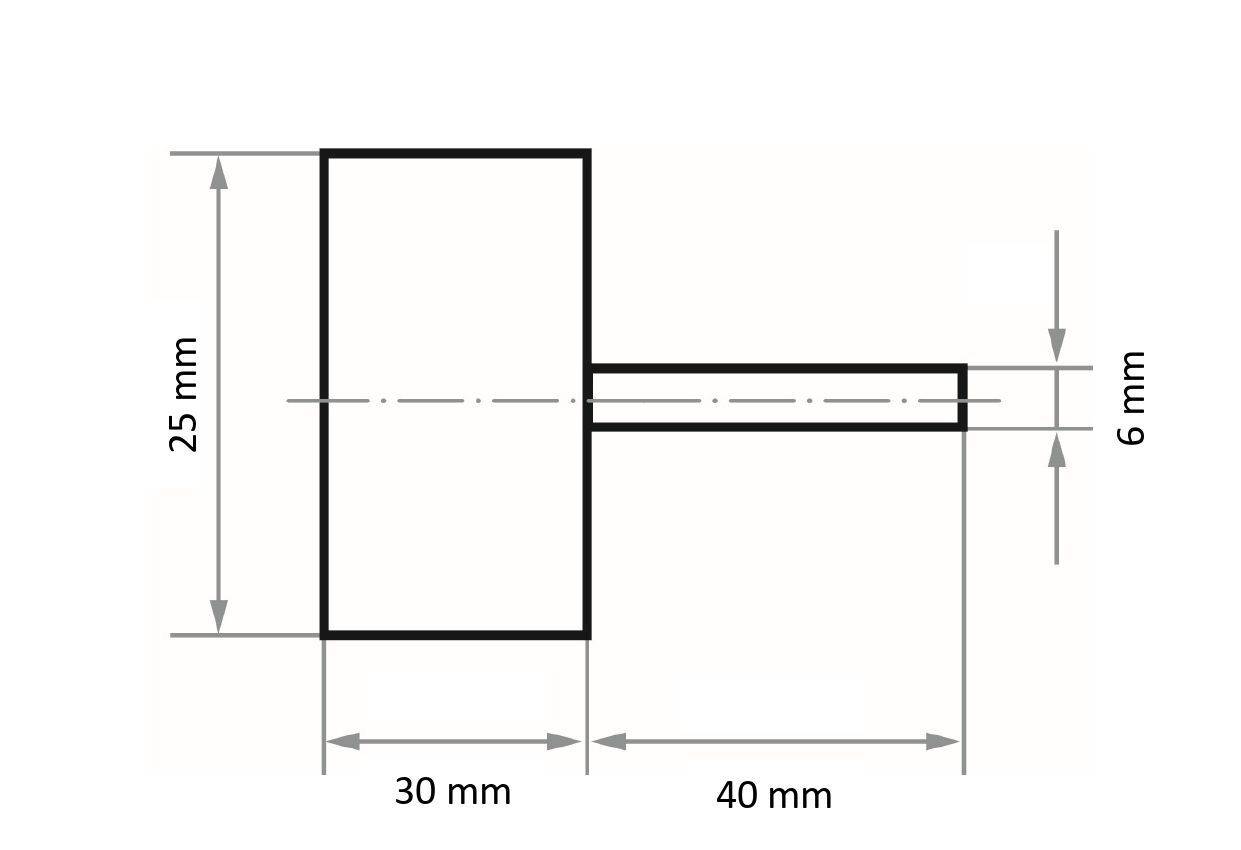 Technische Zeichnung mit zwei verbundenen rechteckigen Formen. Das vertikale Rechteck misst 25 mm in der Höhe und 30 mm in der Breite. Das horizontale Rechteck erstreckt sich 40 mm weit bei einer Höhe von 6 mm.
