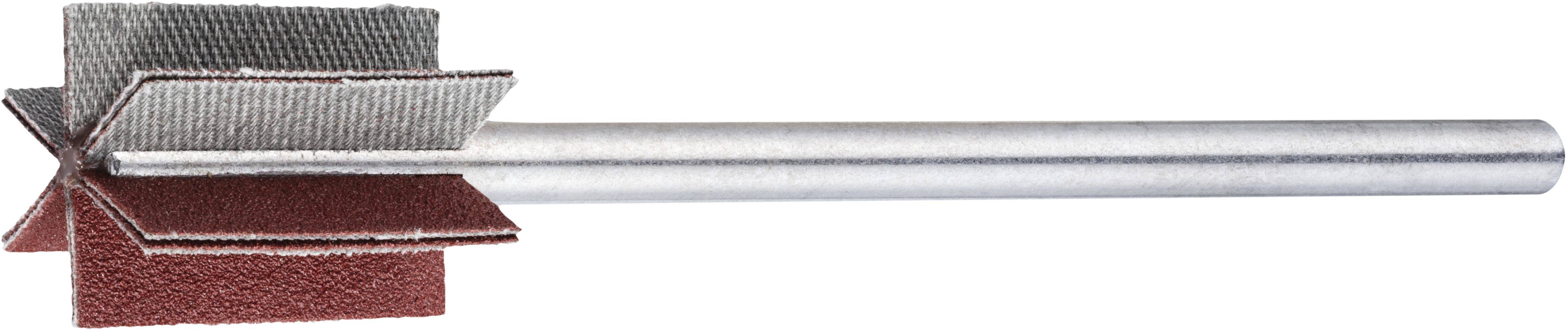 Eine Silbermetallstange mit mehrschichtigen, rechteckigen Schleif- oder Schleifmaterialien, die an einem Ende befestigt sind und zum Polieren oder Glätten von Oberflächen verwendet wird.