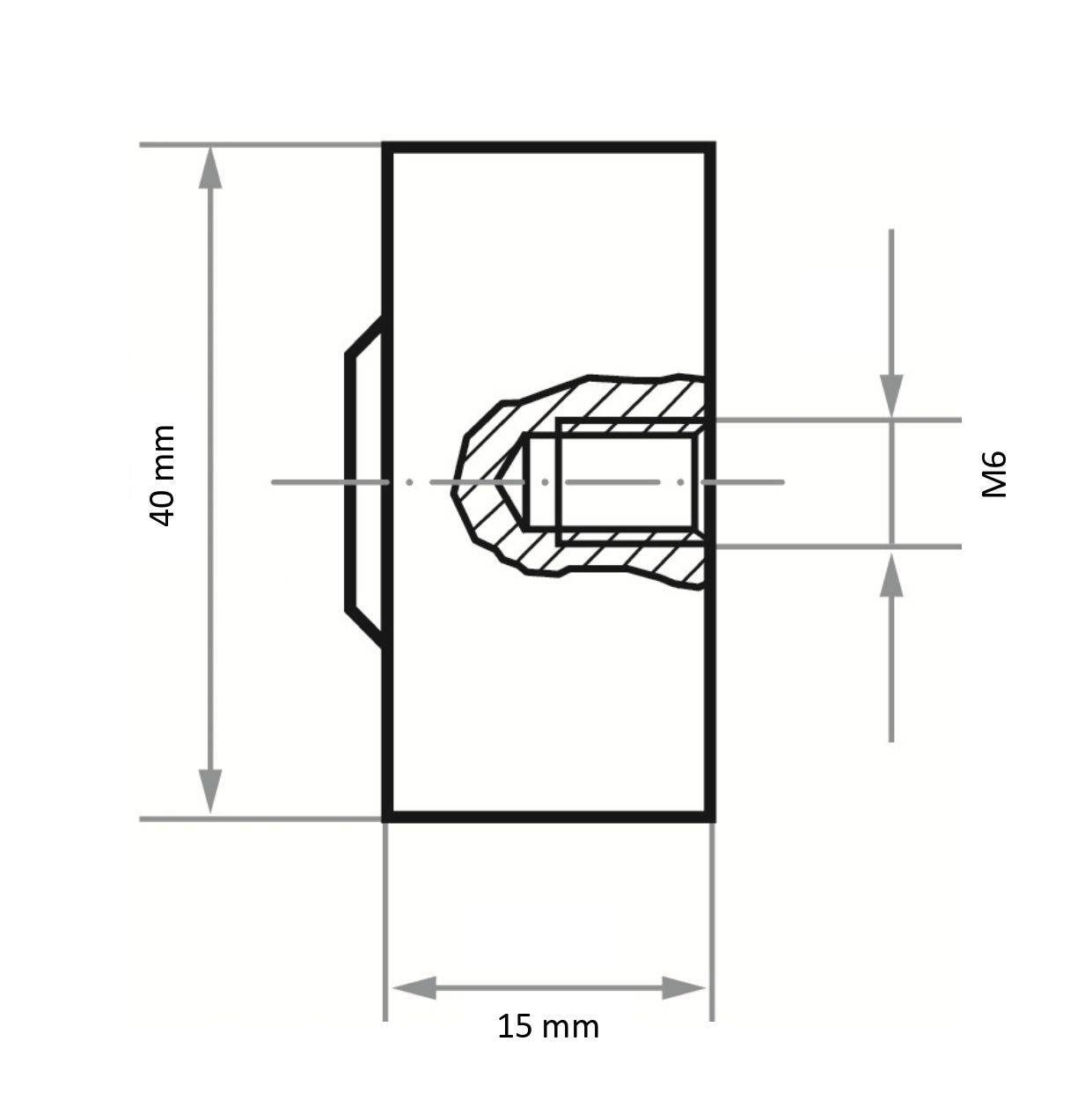 Eine technische Zeichnung eines quadratischen Bauteils mit einer zentralen sechseckigen Befestigungsöffnung, beschriftet mit M6. Abmessungen: 40 mm Höhe, 15 mm Breite.