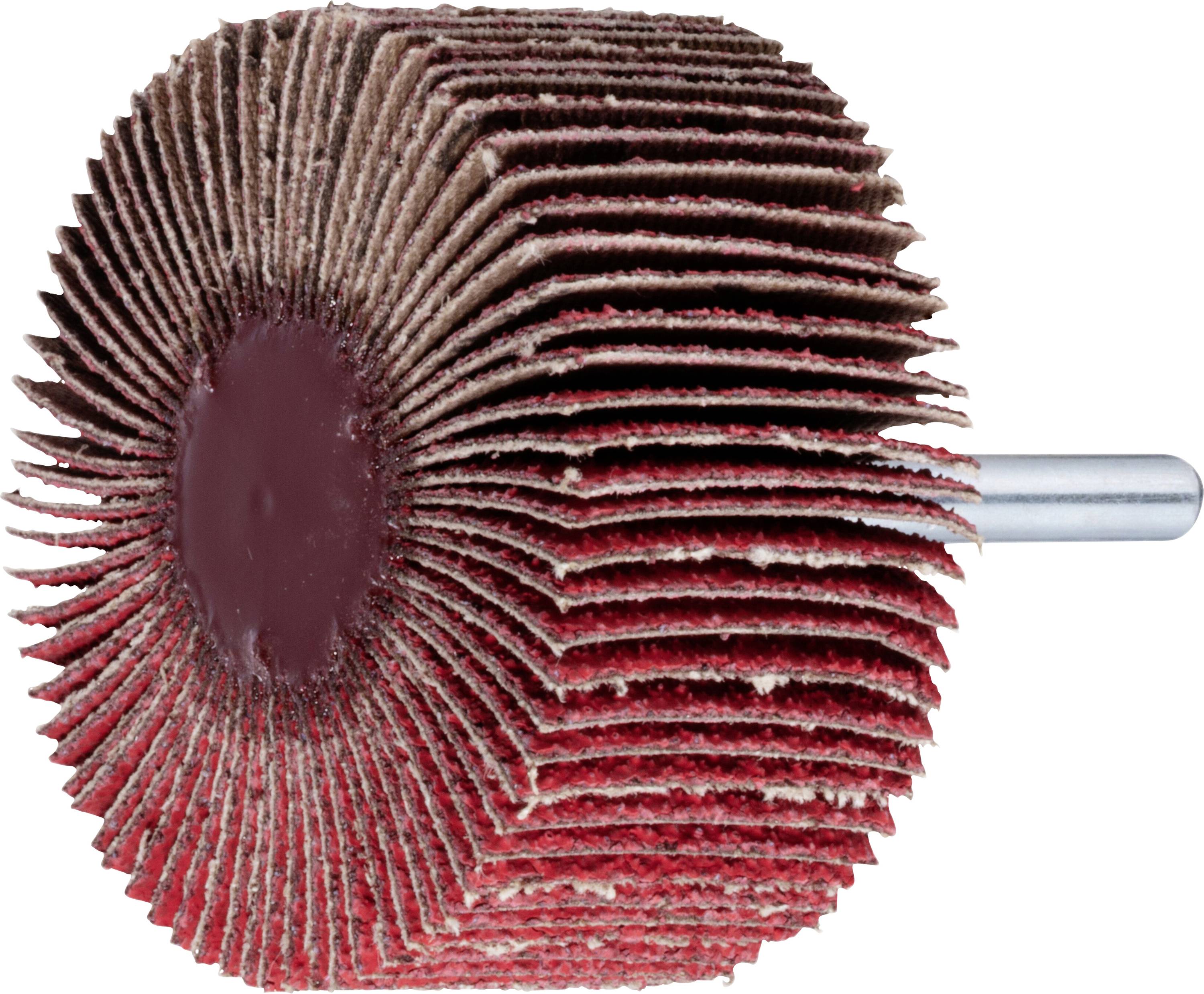 Ein rot-brauner abrasiver Lamellenschleifstein mit radial überlappenden Schichten, konzipiert zum Schleifen und Finish von Oberflächen, befestigt an einer Metallspindel.