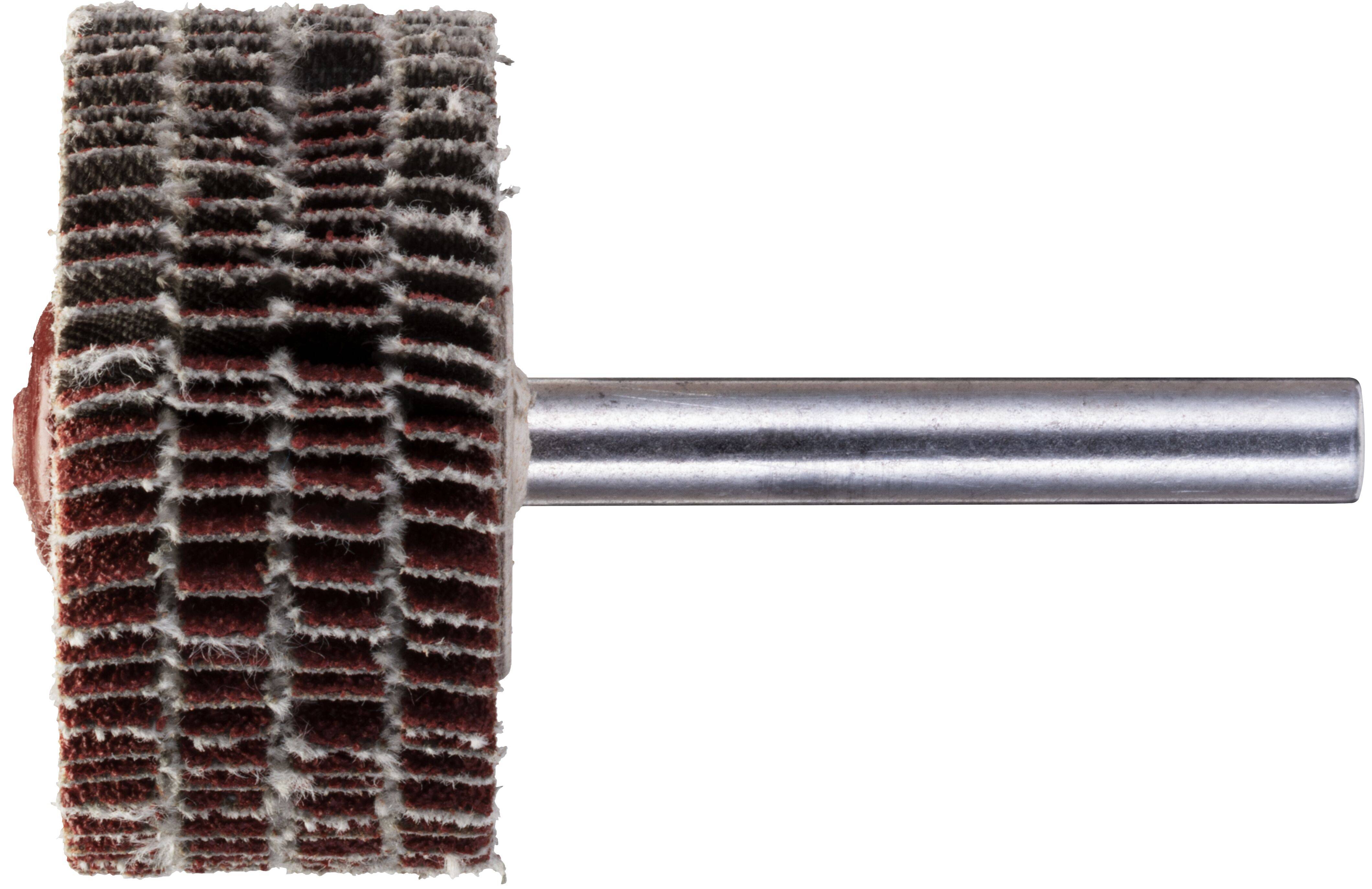 Ein montiertes Lamellenschleifrad, abrasiv konstruiert zum Polieren und Schleifen von Oberflächen, mit einem zylindrischen Körper und mehrlagigen Lamellen um eine zentrale Achse.