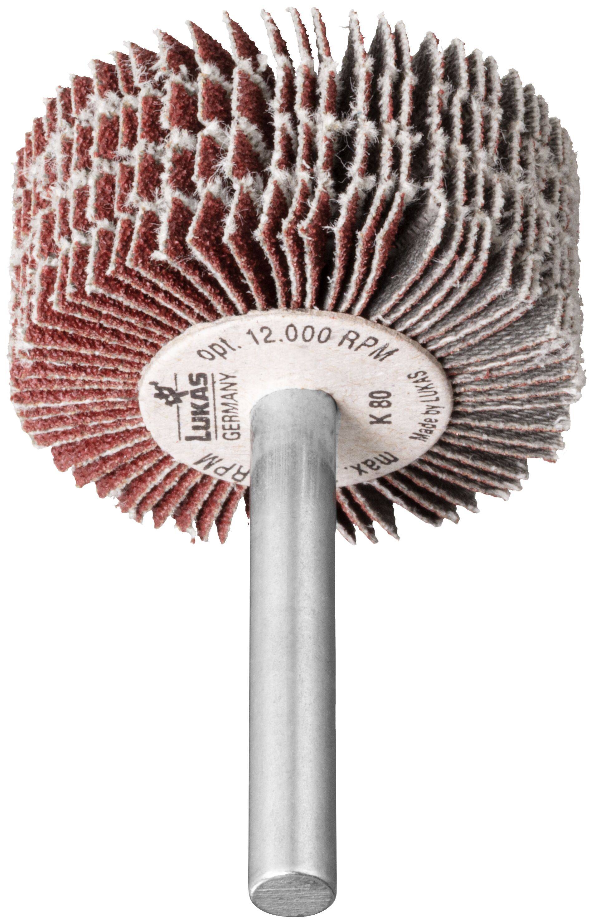 Ein Lamellenschleifrad mit Metallschaft und Schleiflamellen, gekennzeichnet mit 'Lukas Germany QPI 12.000 U/min X 80', verwendet zum Schleifen und Polieren.