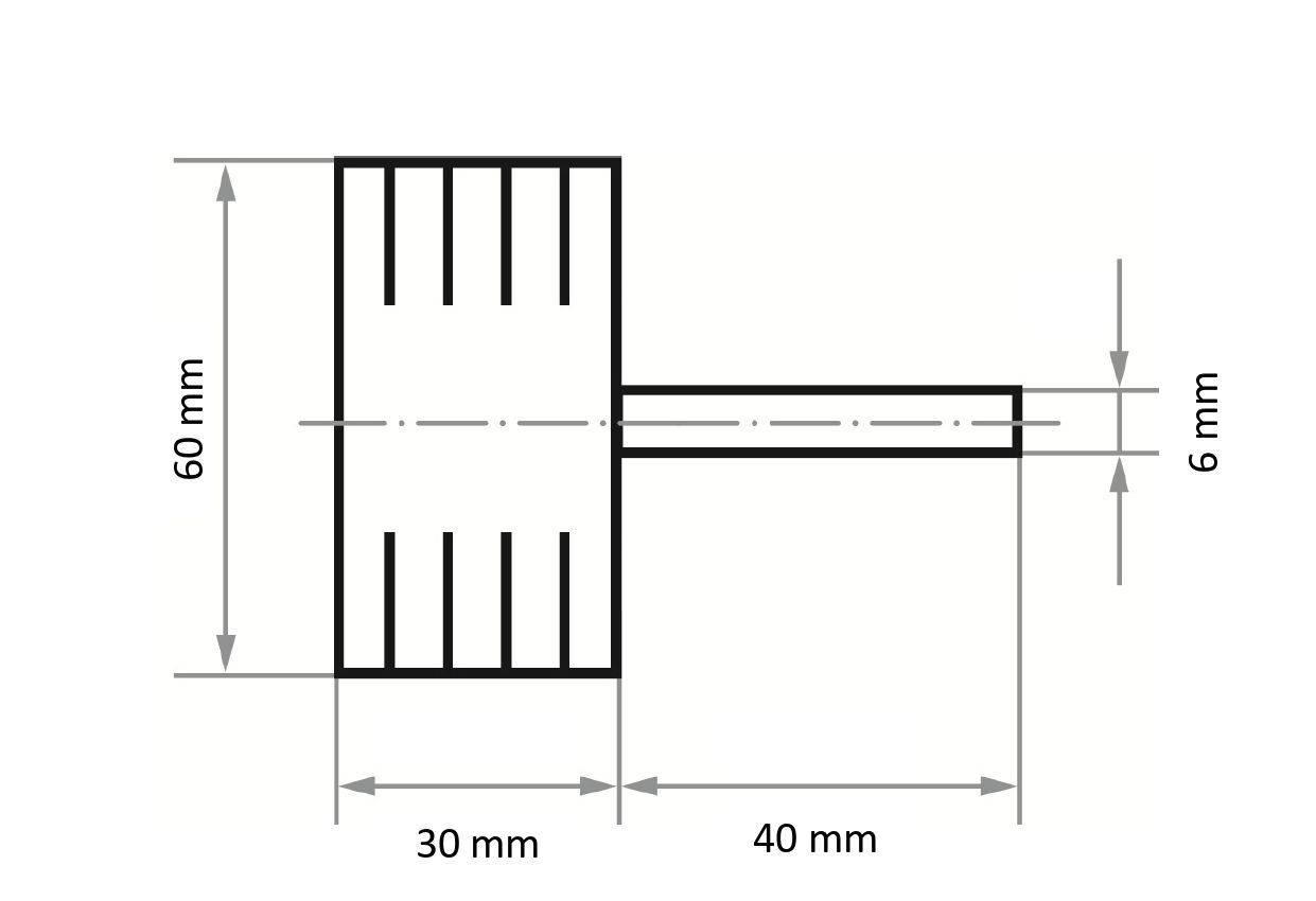 Eine technische Zeichnung eines T-förmigen Objekts mit Abmessungen: vertikaler Abschnitt ist 60 mm hoch und 30 mm breit; horizontaler Abschnitt ist 40 mm lang und 6 mm dick.
