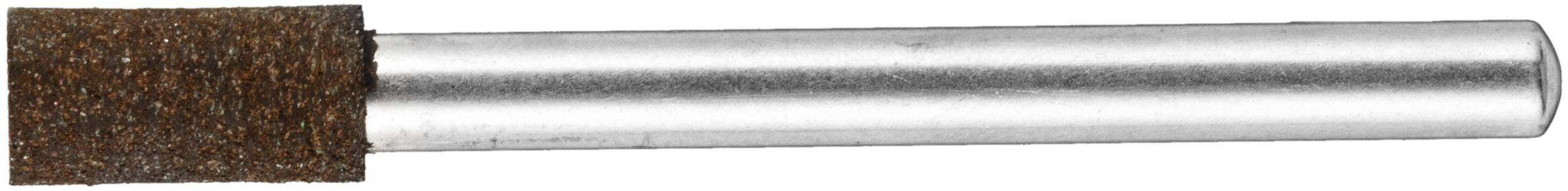 Ein zylindrischer Metallwerkzeug mit einer braunen Schleifoberfläche an einem Ende, verwendet zum Schleifen oder Polieren, vor einem einfarbig weißen Hintergrund.