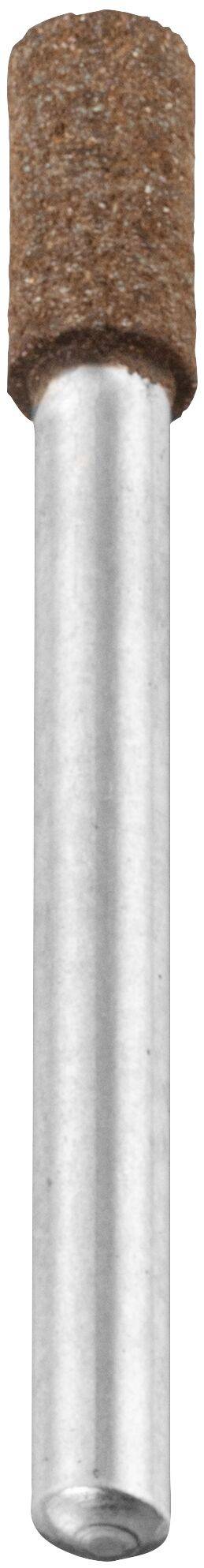 Ein zylindrischer Schleifstein mit einer Metallachse, verwendet zum Schärfen oder Formen von Werkzeugen, vor einem einfarbigen weißen Hintergrund.