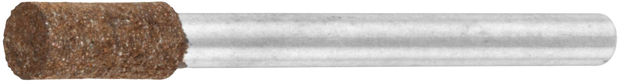 Ein Schleifwerkzeug in Zylinderform mit einem rauen braunen Schleifkopf und einem silbernen Metallschaft, das zum Schärfen oder Polieren von Oberflächen verwendet wird.