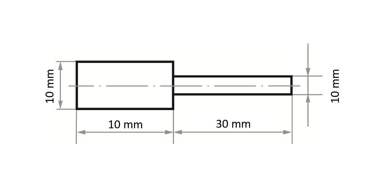 Eine technische Zeichnung eines rechteckigen Objekts mit den Abmessungen 10 mm x 10 mm und einem verlängerten Abschnitt mit einer Länge von 30 mm, versehen mit Maßangaben.