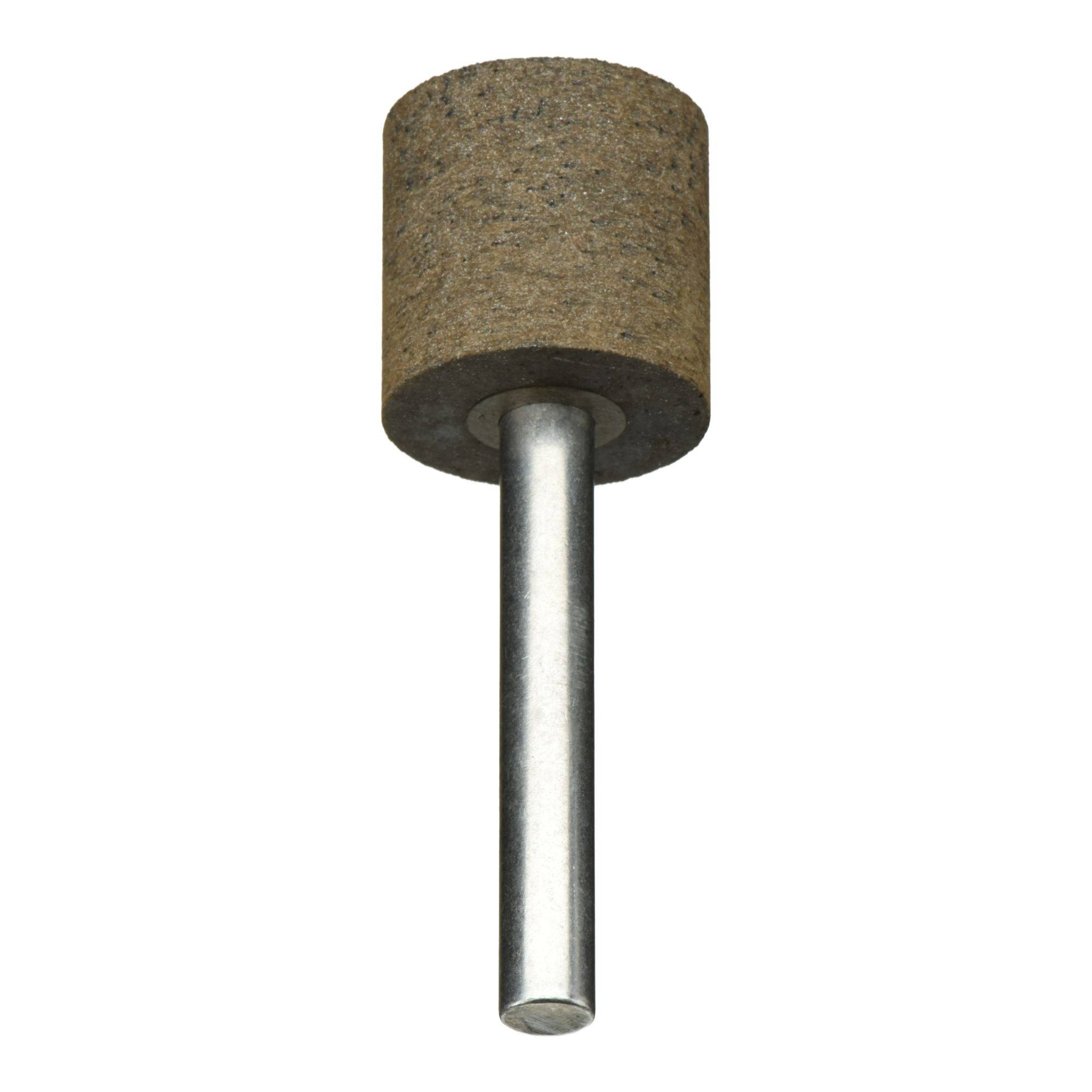 Ein zylindrischer Schleifstein mit einem Metallschaft, der üblicherweise zum Schärfen oder Formen von Materialien in verschiedenen Werkzeugen oder Maschinen verwendet wird.