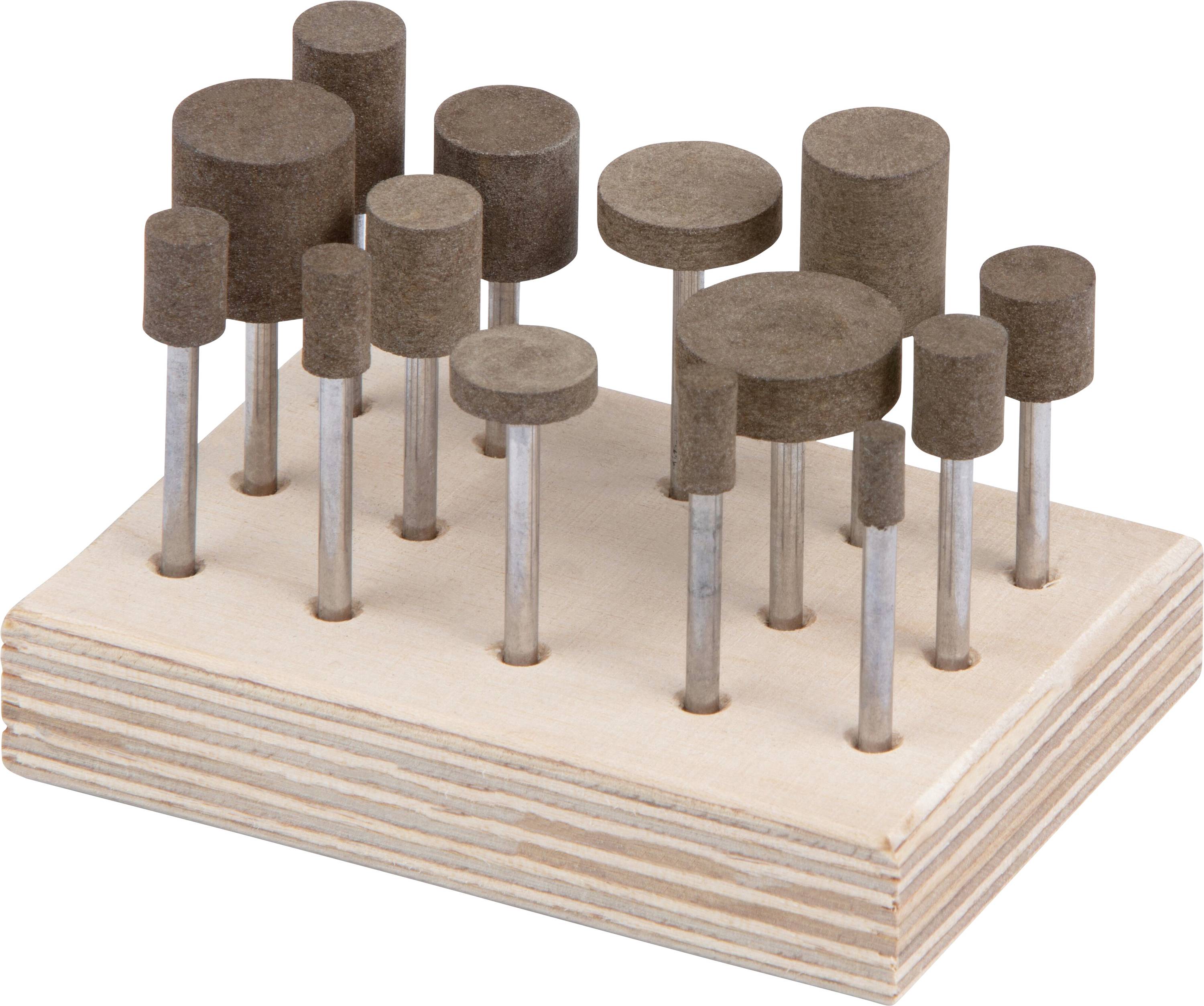 Ein Holzblock mit mehreren zylindrischen Filzpolier-Spitzen unterschiedlicher Höhen und Durchmesser, die auf Metallstäben befestigt sind.