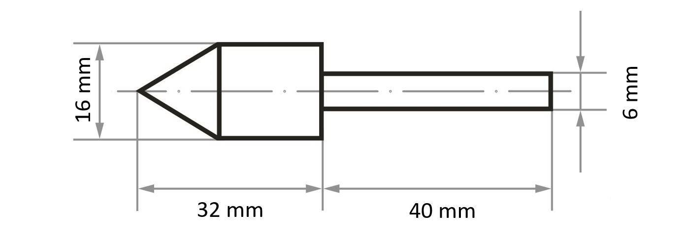 Eine technische Zeichnung eines Metallstücks mit einem konischen Ende von 16 mm Breite und einer zylindrischen Welle von 6 mm Breite. Gesamtlänge beträgt 72 mm.