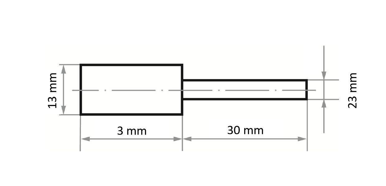 Eine technische Zeichnung eines rechteckigen Objekts mit Abmessungen: 13 mm Höhe, 23 mm Länge, 3 mm Breite für den Körper, 30 mm für die Erweiterung.