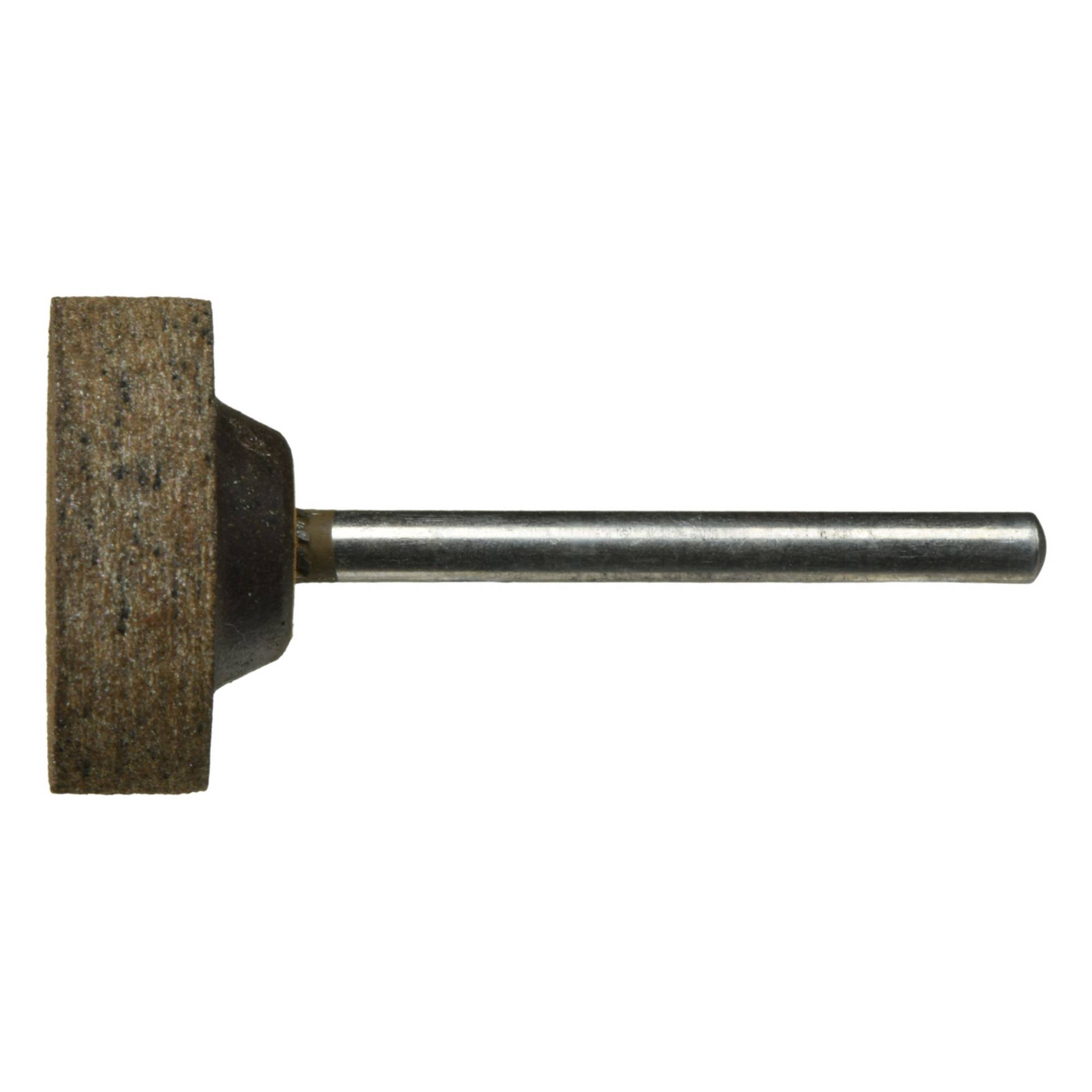 Ein Schleifstein mit einem Metallschaft, verwendet zum Schärfen oder Formen von Metall, vor einem weißen Hintergrund.