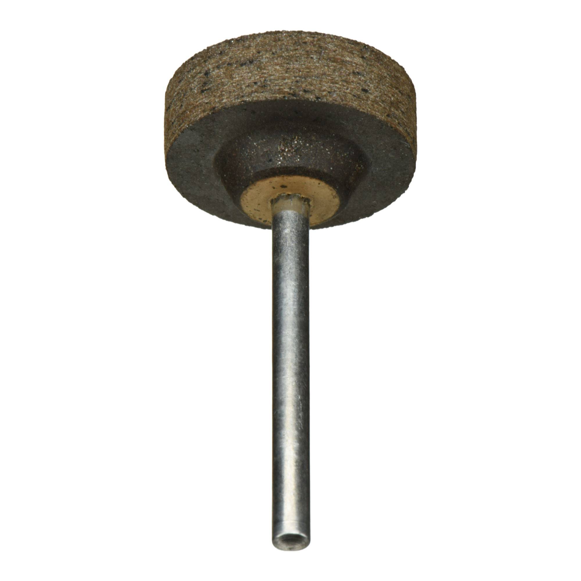 Eine Schleifscheibe mit einer zentralen Metallachse, die zum Schärfen oder Formen von Werkzeugen verwendet wird.