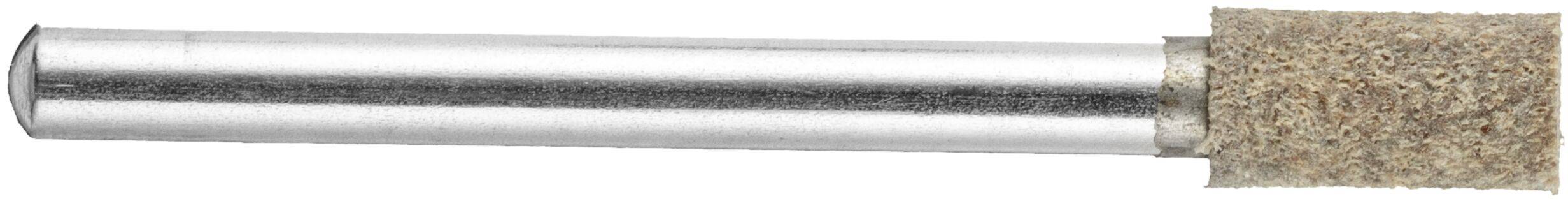 Ein zylindrischer Schleifwerkzeug mit einer glänzenden Metallstange und einem rauen, hellfarben strukturierten Ende, das zum Polieren oder Schleifen von Oberflächen verwendet wird.